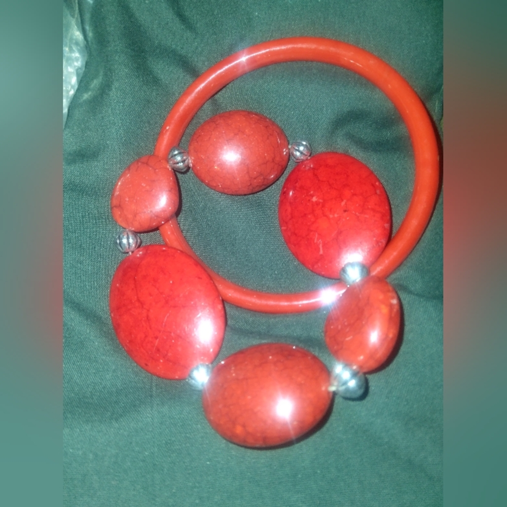 Red & Sterling Silver Beaded / Bangle Bracelet